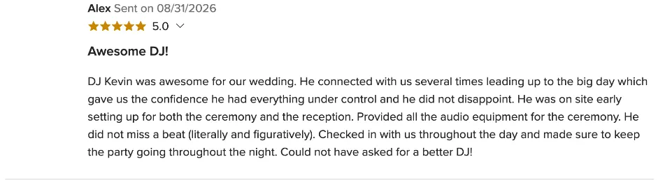 Review on WeddingWire, Aug 31, 2026
