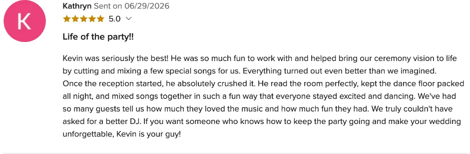 Review on WeddingWire, Jun 29, 2026