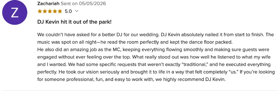 Review on WeddingWire, May 5, 2026