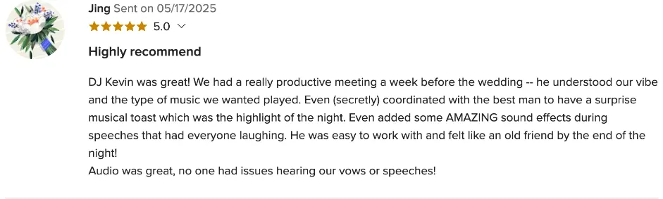 Review on WeddingWire, May 17, 2025