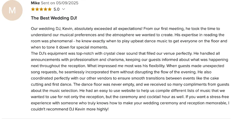 Review on WeddingWire, May 9, 2025