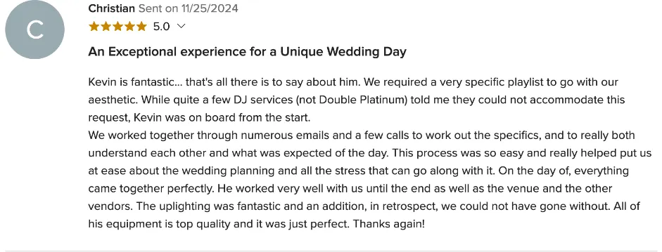 Review on WeddingWire, Nov 25, 2024