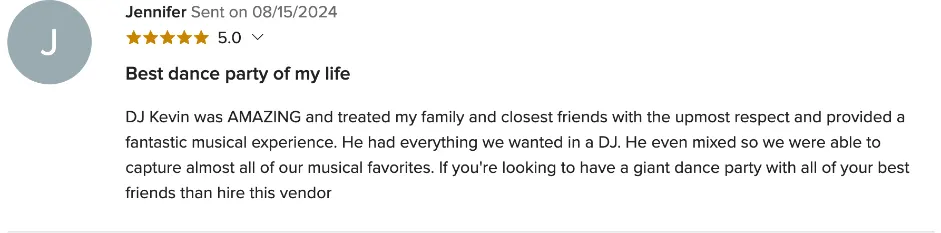 Review on WeddingWire, Aug 15, 2024