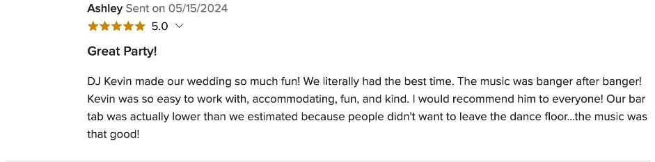 Review on WeddingWire, May 15, 2024