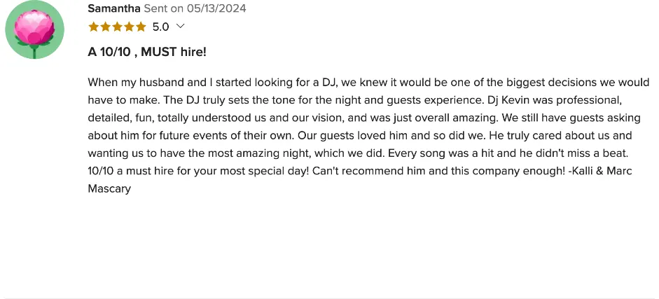 Review on WeddingWire, May 13, 2024