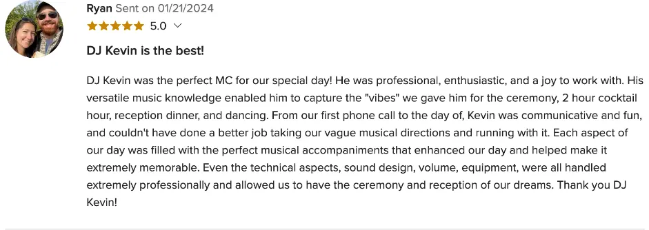 Review on WeddingWire, Jan 21, 2024