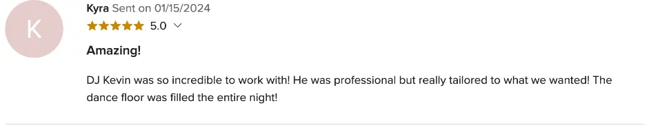 Review on WeddingWire, Jan 15, 2024
