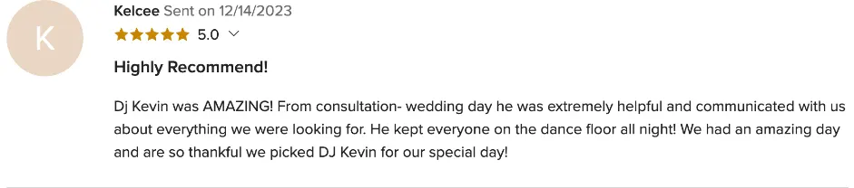 Review on WeddingWire, Dec 14, 2023