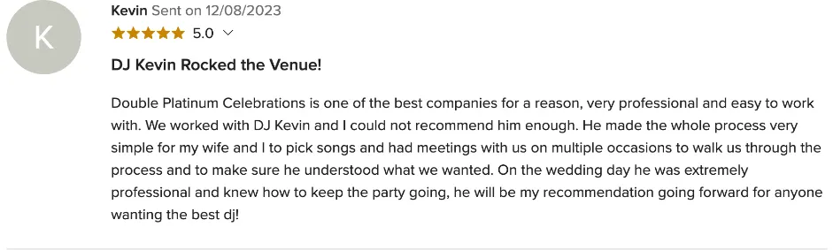 Review on WeddingWire, Dec 8, 2023