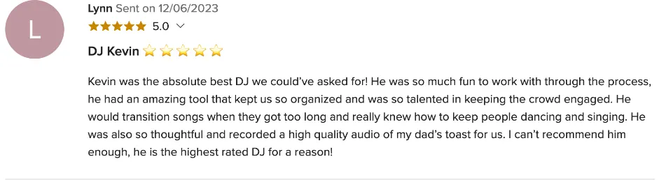 Review on WeddingWire, Dec 6, 2023