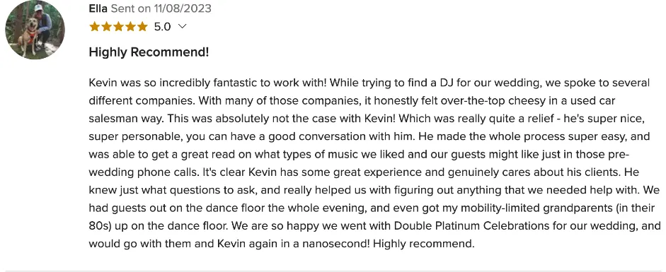 Review on WeddingWire, Nov 8, 2023