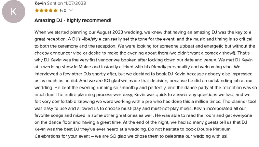Review on WeddingWire, Nov 7, 2023