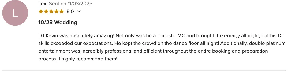 Review on WeddingWire, Nov 3, 2023
