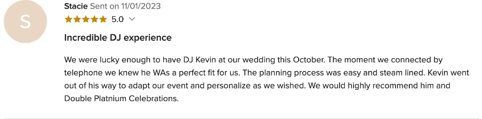 Review on WeddingWire, Nov 1, 2023