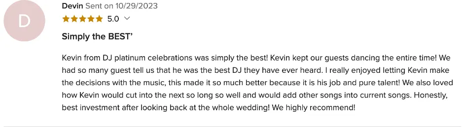 Review on WeddingWire, Oct 29, 2023