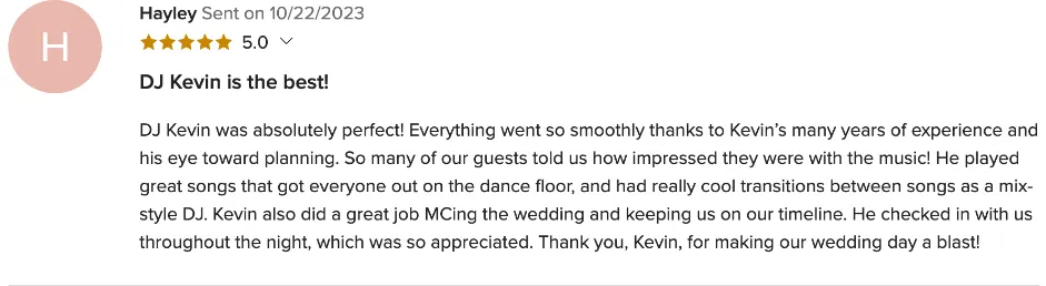 Review on WeddingWire, Oct 22, 2023