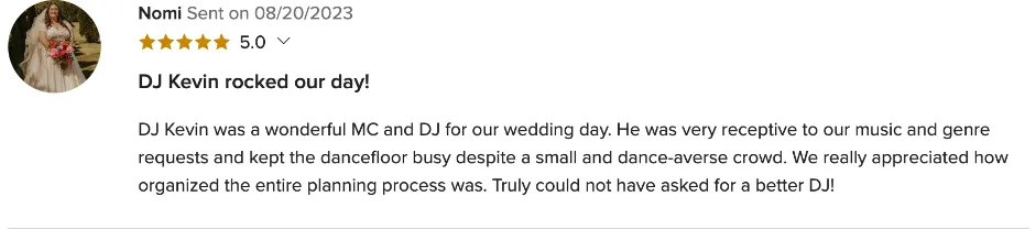 Review on WeddingWire, Aug 20, 2023