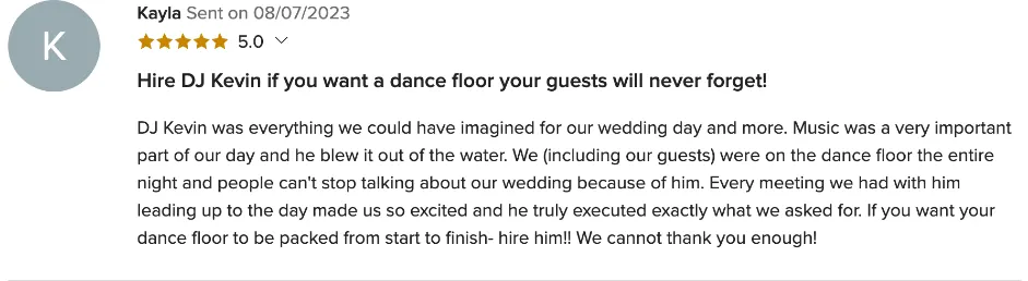Review on WeddingWire, Aug 7, 2023