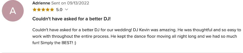 Review on WeddingWire, Sep 13, 2022