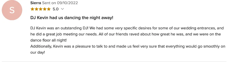 Review on WeddingWire, Sep 10, 2022