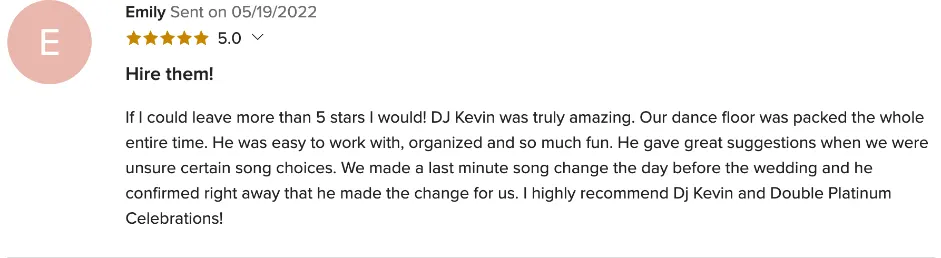 Review on WeddingWire, May 19, 2022