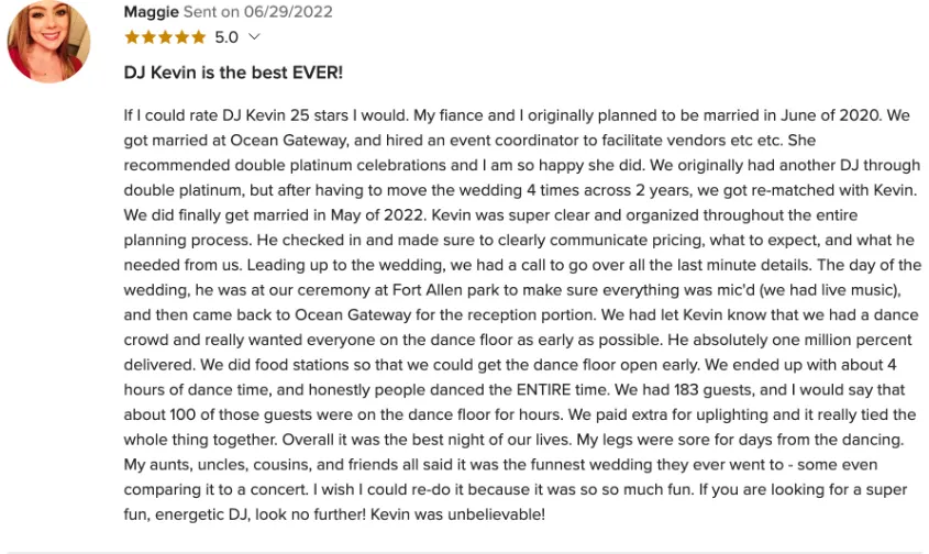 Review on WeddingWire, Jun 29, 2022