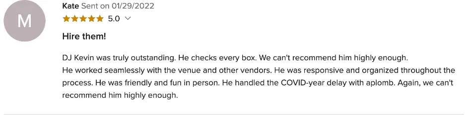 Review on WeddingWire, Jan 29, 2022