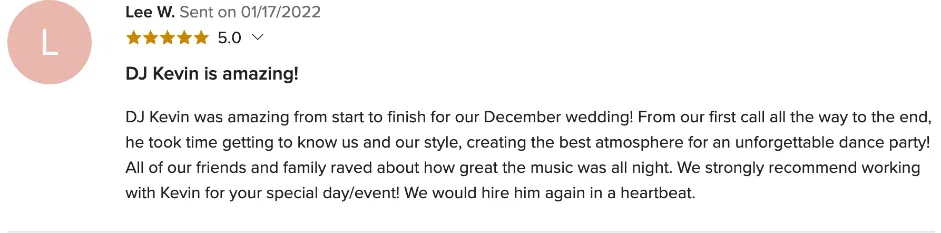 Review on WeddingWire, Jan 17, 2022