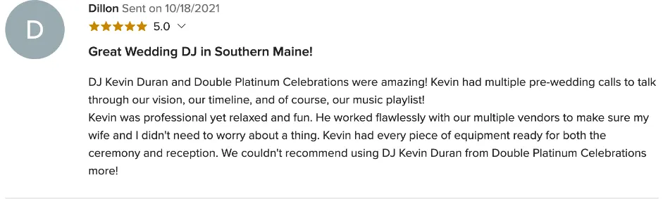 Review on WeddingWire, Oct 18, 2021