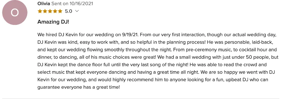 Review on WeddingWire, Oct 16, 2021