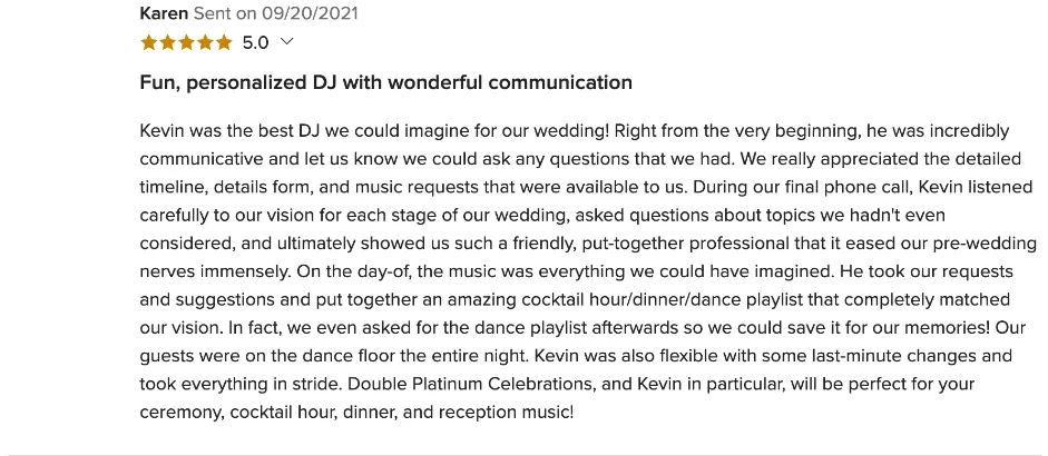 Review on WeddingWire, Sep 20, 2021