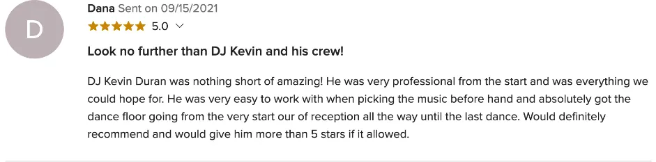 Review on WeddingWire, Sep 15, 2021