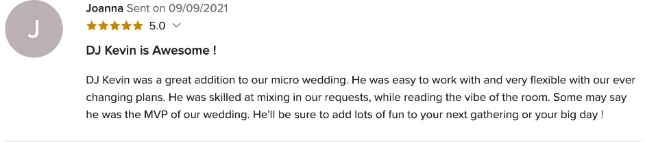 Review on WeddingWire, Sep 9, 2021