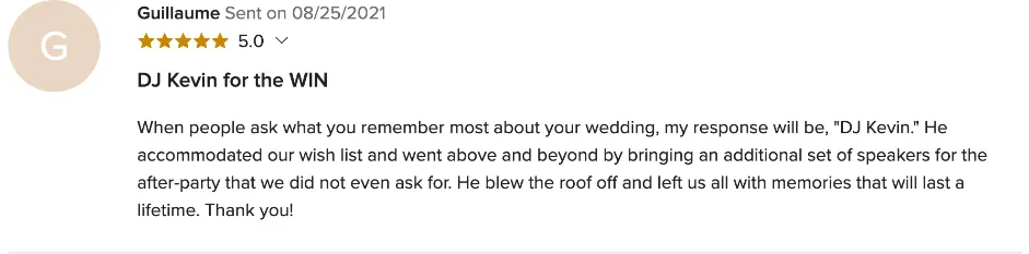 Review on WeddingWire, Aug 25, 2021