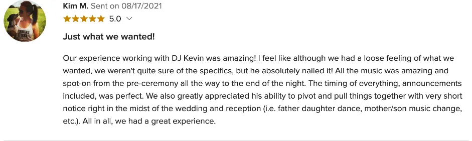 Review on WeddingWire, Aug 17, 2021