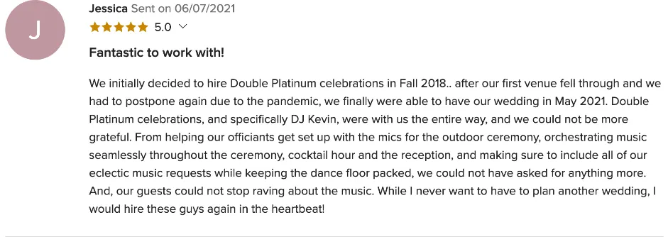 Review on WeddingWire, Jun 7, 2021