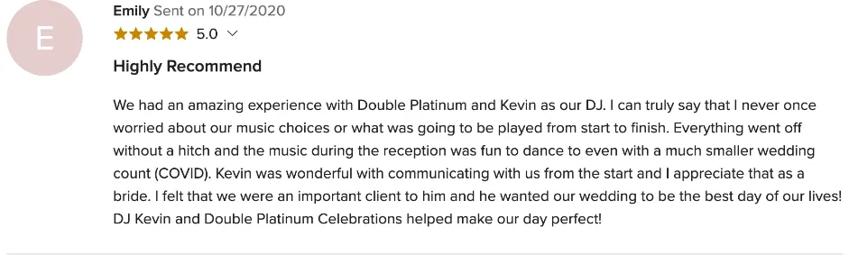 Review on WeddingWire, Oct 27, 2020