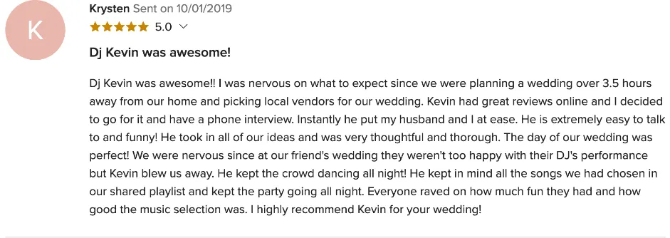 Review on WeddingWire, Oct 1, 2019