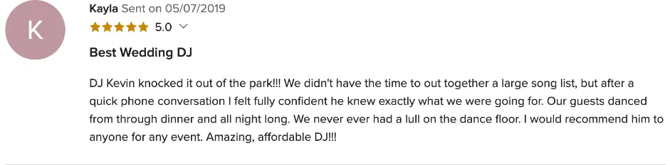 Review on WeddingWire, May 7, 2019