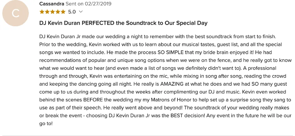 Review on WeddingWire, Feb 27, 2019