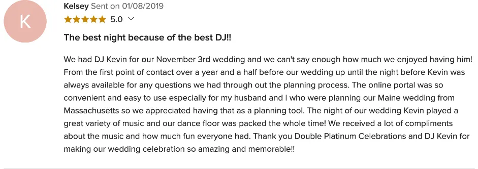 Review on WeddingWire, Jan 8, 2019