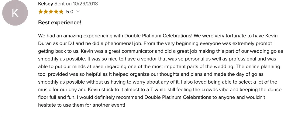 Review on WeddingWire, Oct 29, 2018