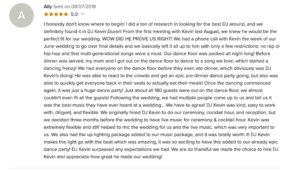 Review on WeddingWire, Aug 7, 2018