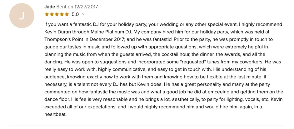 Review on WeddingWire, Dec 27, 2017