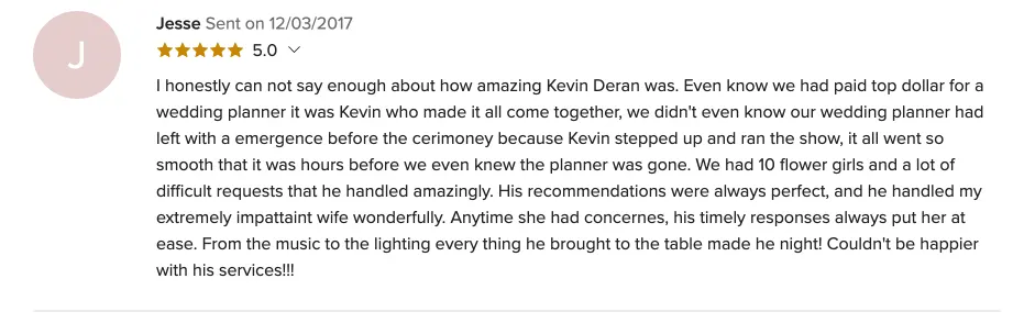 Review on WeddingWire, Dec 3, 2017