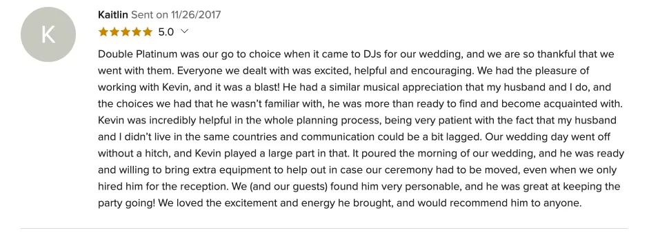 Review on WeddingWire, Nov 26, 2017