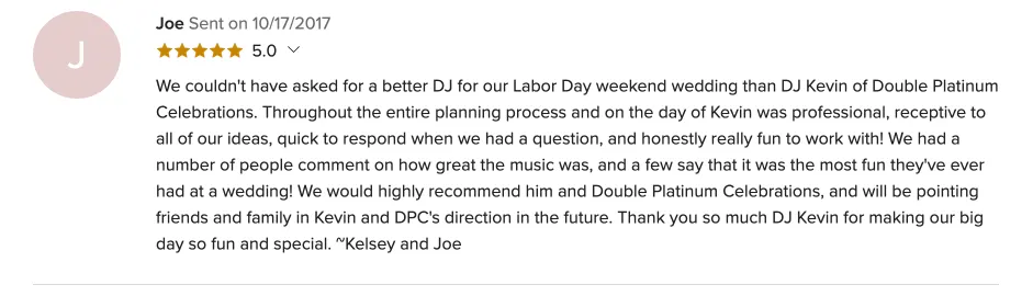 Review on WeddingWire, Oct 17, 2017