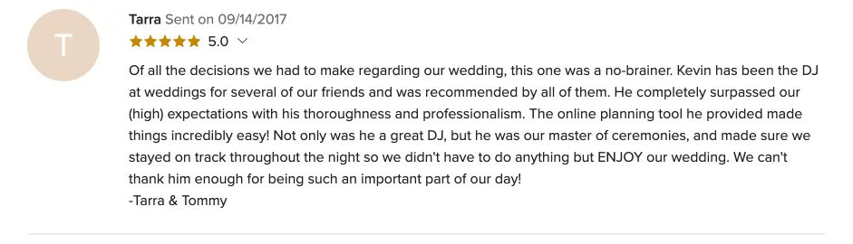 Review on WeddingWire, Sep 14, 2017