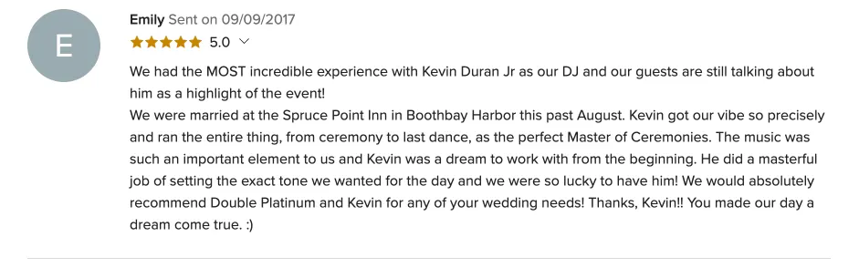 Review on WeddingWire, Sep 9, 2017