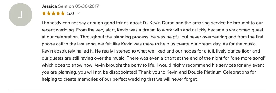 Review on WeddingWire, May 30, 2017
